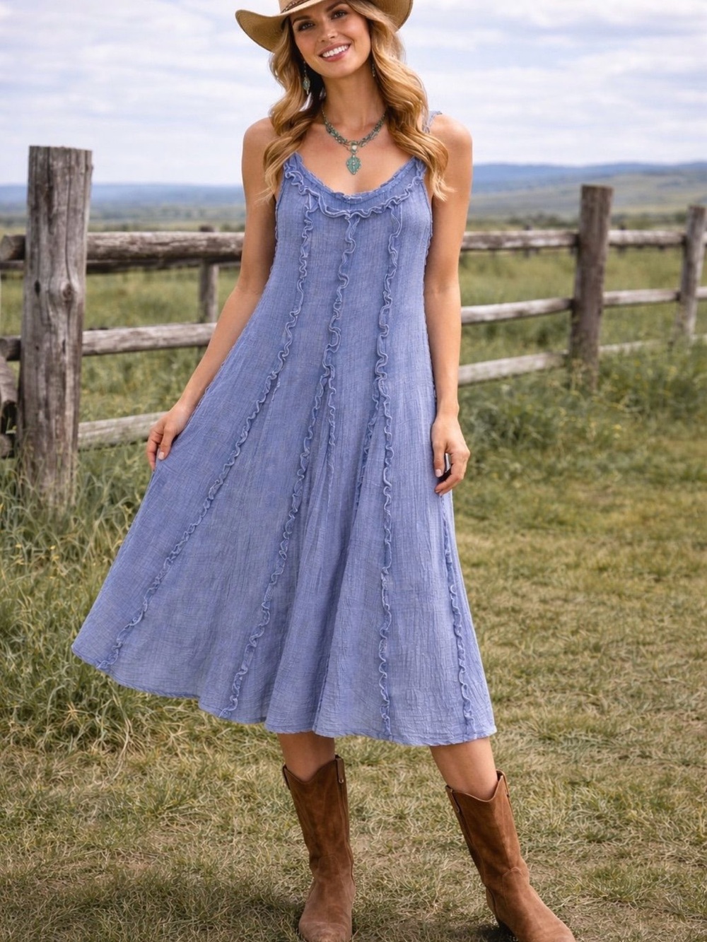 Oli & Hali Blue Mineral Wash Ruffle-Trim Cotton Gauze Sleeveless Midi Dress